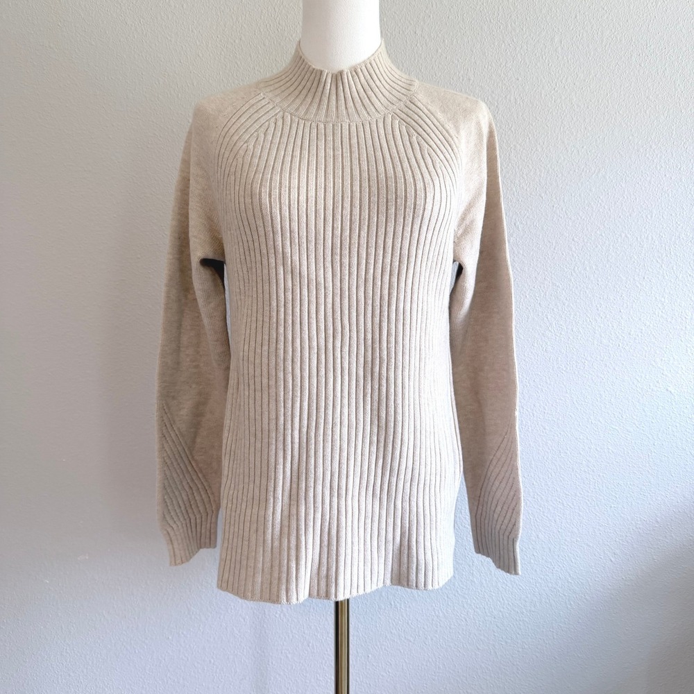 Banana Republic Womens Beige Ribbed Mock Neck Cotton Relaxed Sweater Small NWT